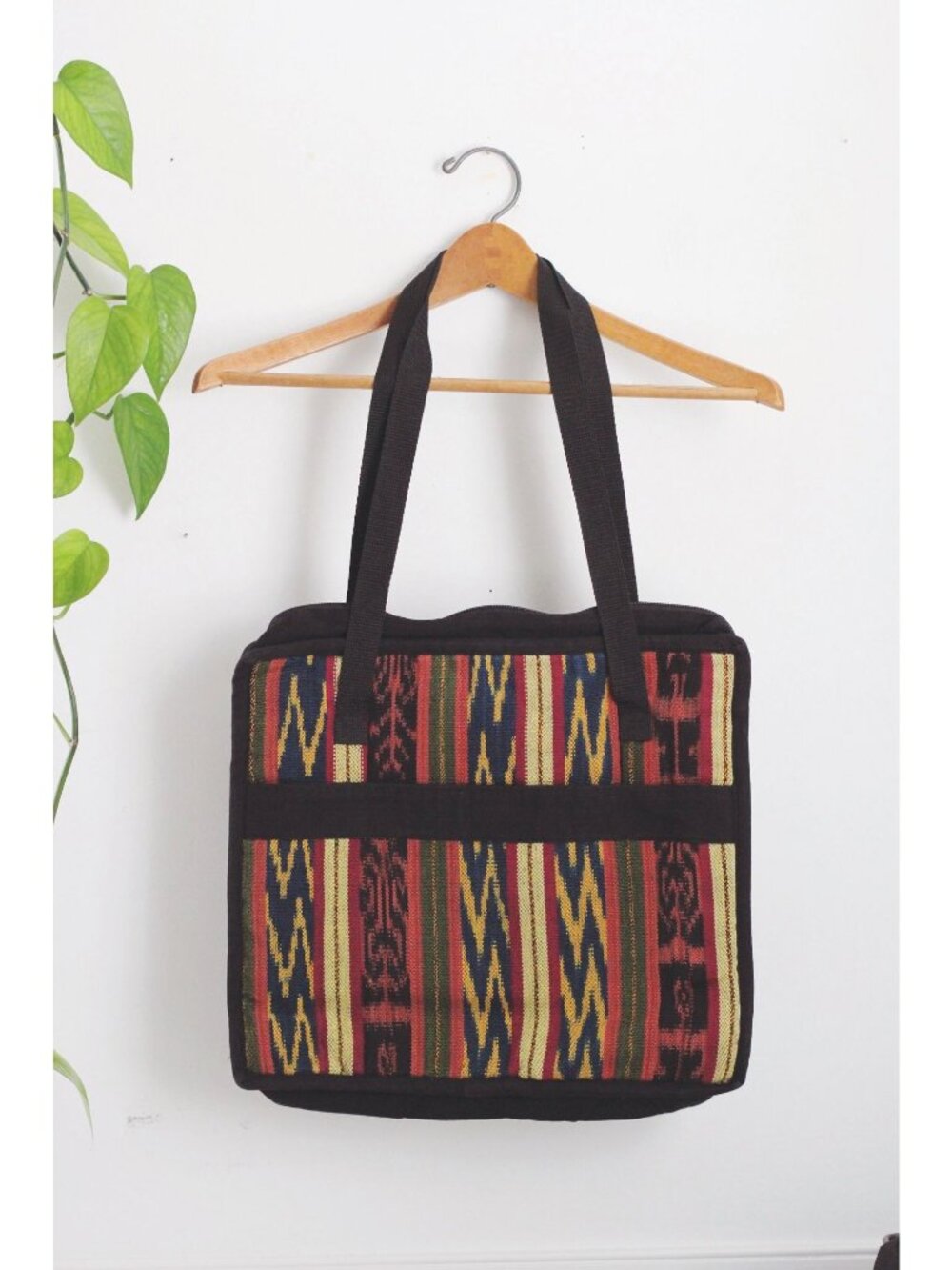Handmade Ikat Tribal Woven Tote Bag Black Multicolor Made In Guatemala Boho